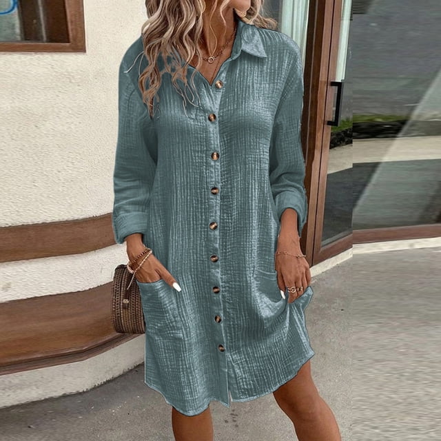 pstuiky Robes Grande Taille, Robe d'Été Unie à Manches Longues pour Femme, Robes Décontractées en Solde