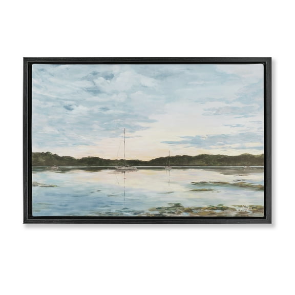 Stupell Industries Quiet Day on Lake Landscape Painting Black Floater Framed Canvas Art Print Wall Art, 25 x 17