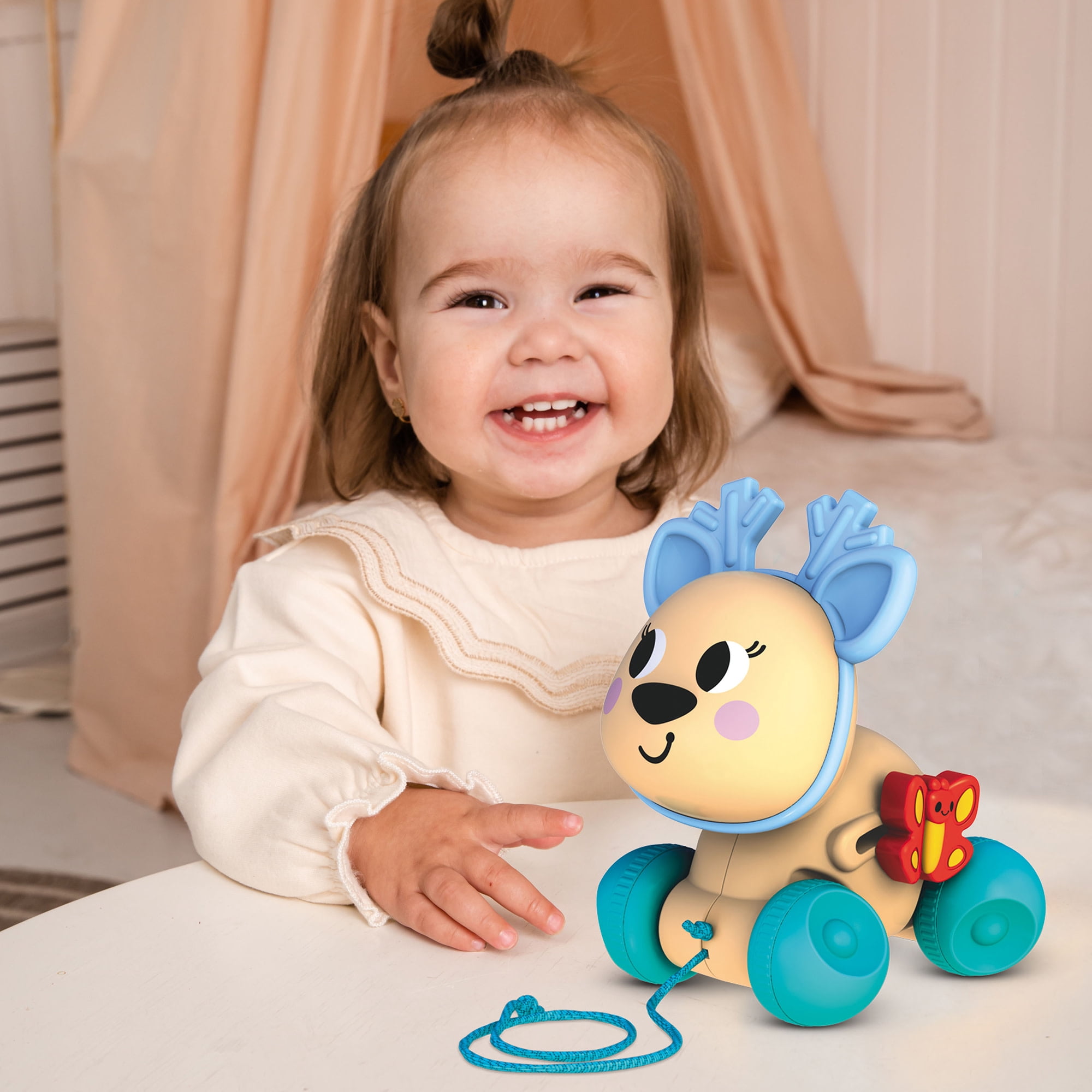 Kids Hits: Push & Pull Deer -Tan - Tactile Motion Play Toy, Easy-To-Roll Inertia Wheels, Bright Colors, Rotating Animal Head, Rachet, Toddlers 1+
