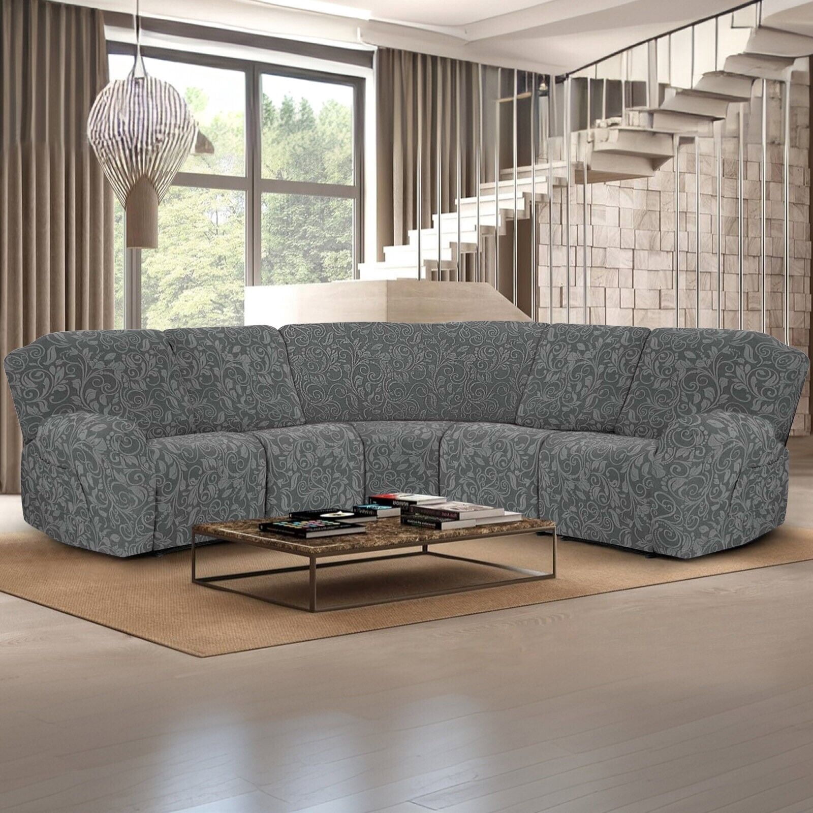TOPCHANCES Stretch Recliner Sofa Slipcover for 5 Seat Recliner, 7-Piece Knitting Jacquard Sectional Couch Covers Furniture Protector (Dark Grey)