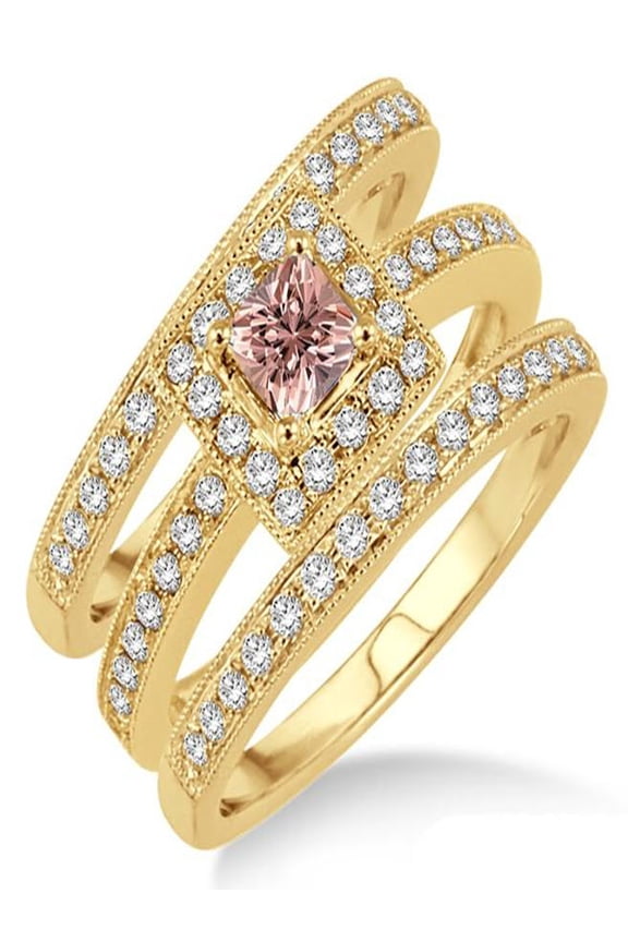 2 Carat Morganite And Diamond Moissanite Trio Set Halo Ring With Princes Cut Diamond Moissanite On 10K Yellow Gold, Promise Ring, Anniversary Gift