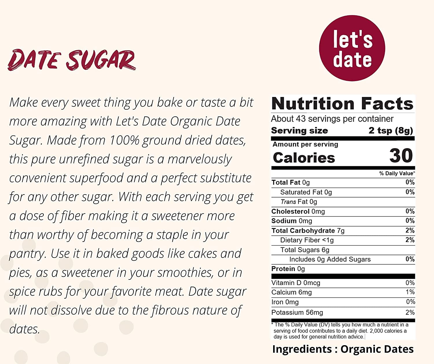 Pack of 6, Lets Date Organic Date Sugar, 12 oz