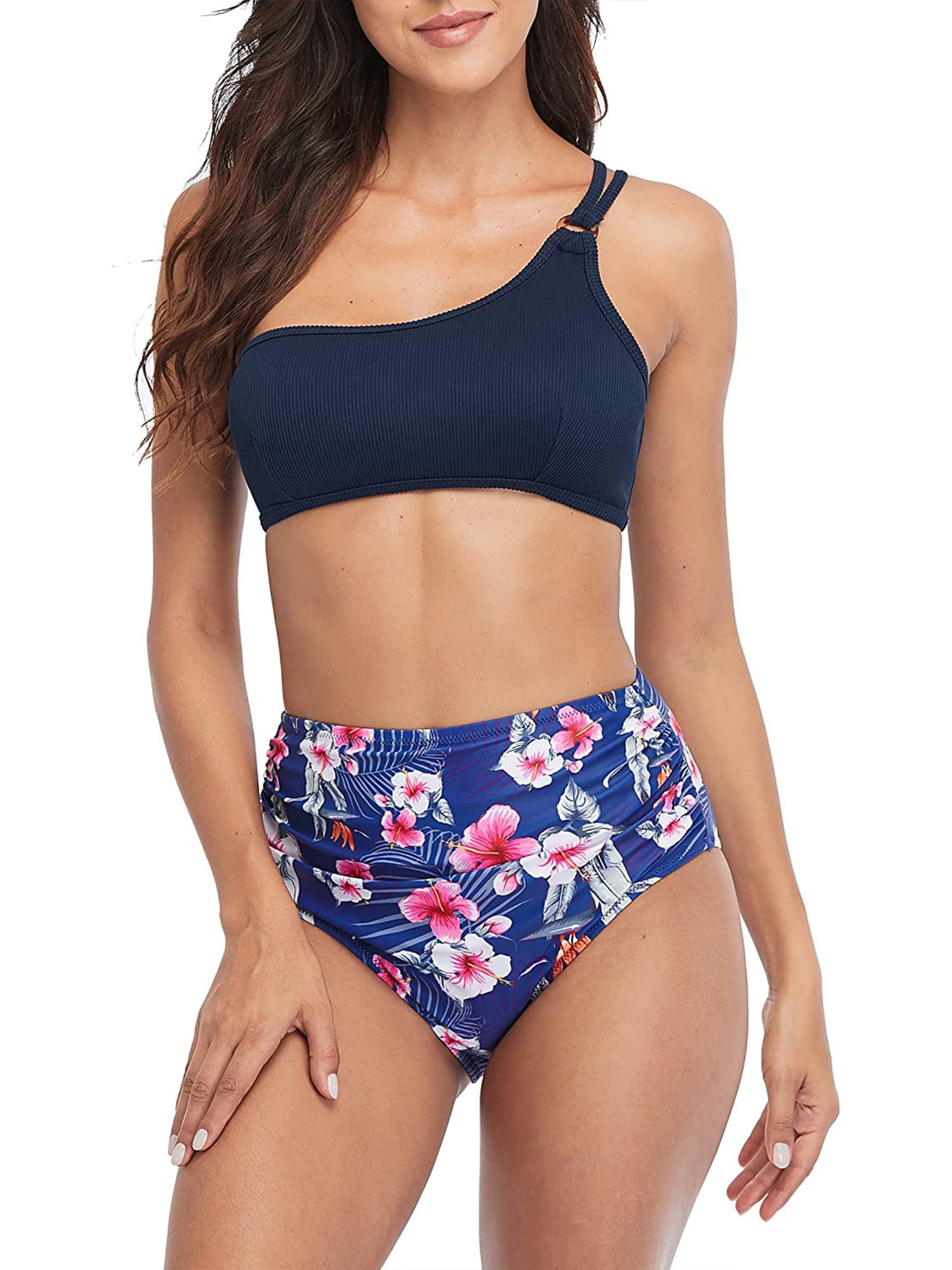 Navy & Pink Floral High Waisted Bikini Set with Padded Bra Top