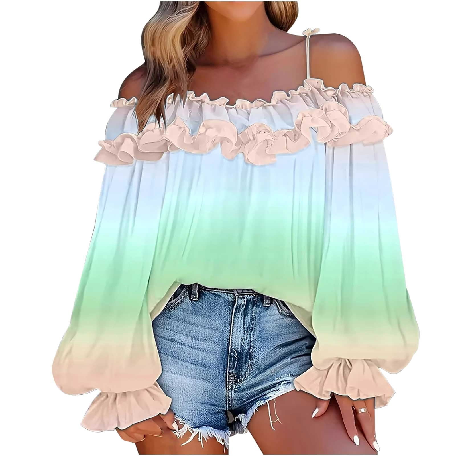 ylioge S-5X Plus Size Shirts for Women Off the Shoulder Long Sleeve Blouses Tops Womens Trendy Gradient Printed Ruffled Pullover Hawaiian Beach Top