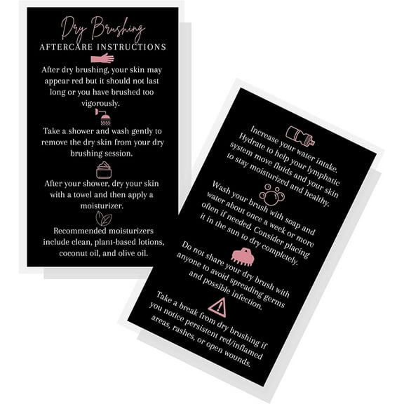 Dry Brushing Aftercare  50 Pack  2x3.5" Business Cards  Lymphatic Treatment  Black with Rosey Pink Design