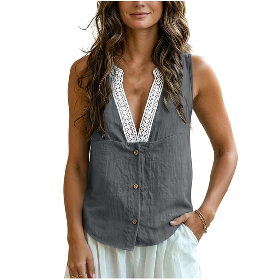GUACER Cotton Linen Sleeveless V-Neck Tank Top for Women Lace Trim Button Down Casual Blouses