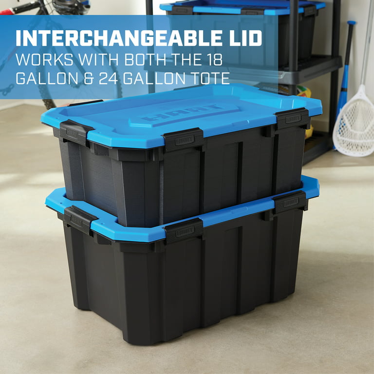 HART 18 Gallon Water Resistant Plastic Storage Bins, Black with Blue Lid 