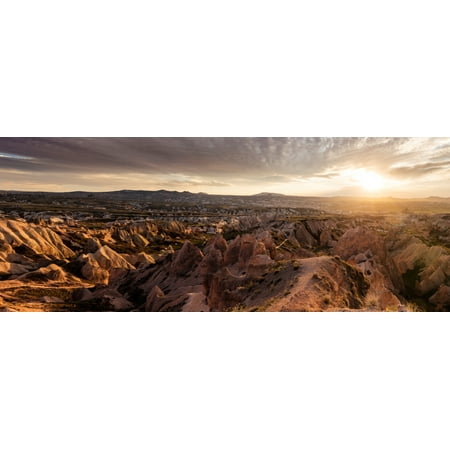 View of rock formations from Aktepe Hill at sunset over Red Valley Goreme National Park Cappadocia Central Anatolia Region Turkey Canvas Art - Panoramic Images (6 x