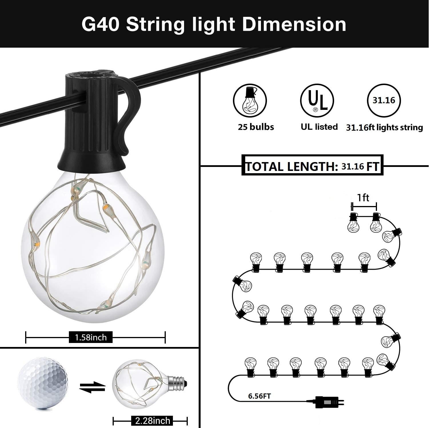 Yi Lighting 39 FT Outdoor String Light with 30pcs Globe LED Bulbs, Weatherproof for Patio Porch Backyard Party Wedding Holiday
