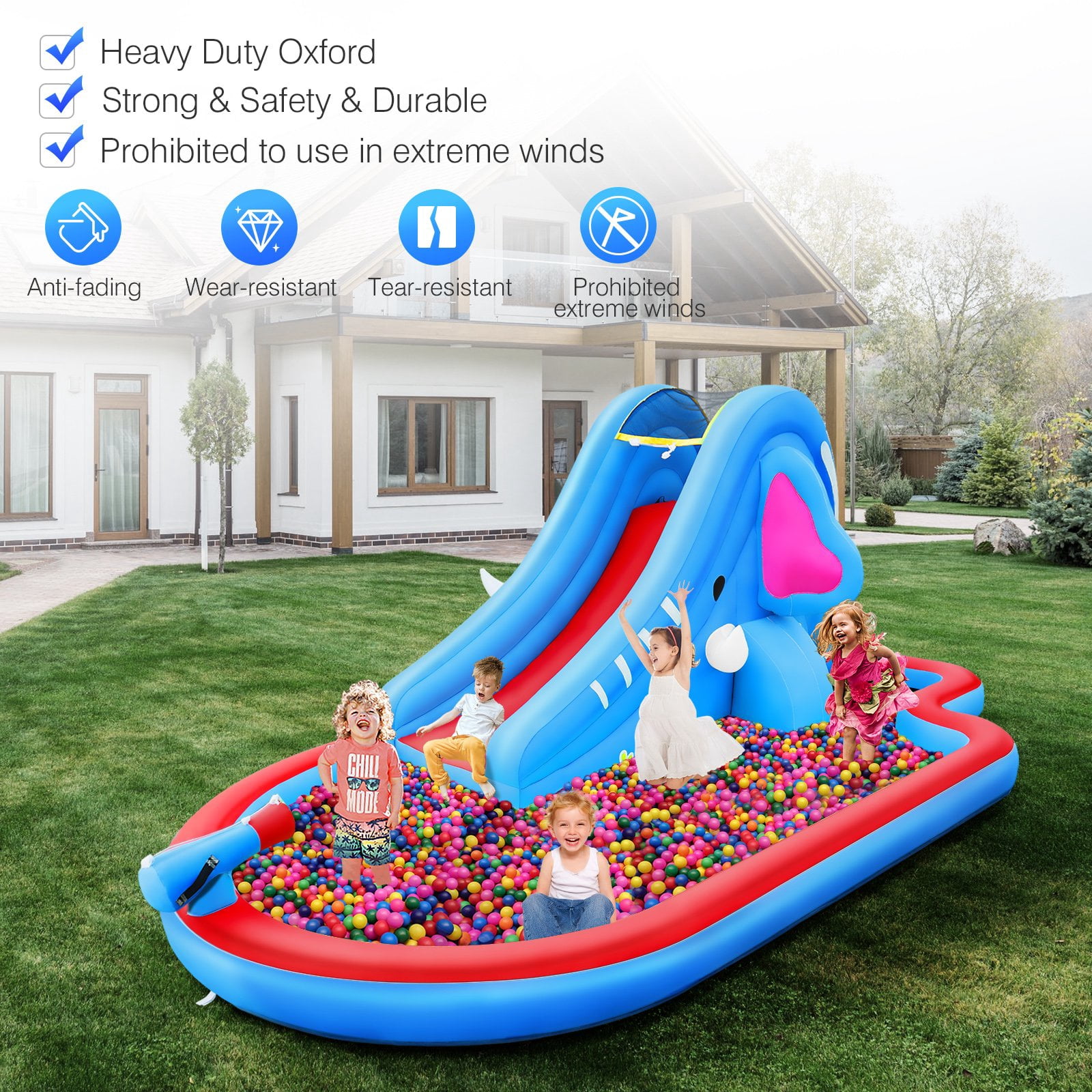 Inflatable Water Slide Bounce House Splash Pool, Water Slide Castle Outdoor Backyard Playhouse for Little Kids