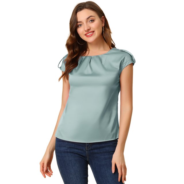 Unique Bargains Blouse Soyeuse à Manches Courtes pour Femmes Col Rond Plissé Décontracté Élégant