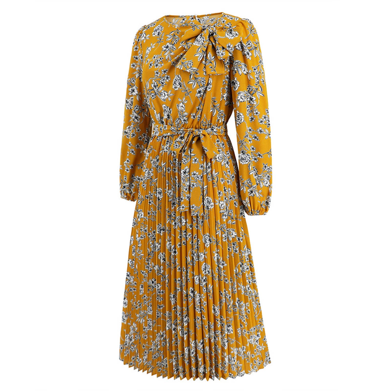 safuny Women's Plus Size Tea Length Evening Dress Floral Lace Splicing Solid Long Sleeve Autumn Dresses Trendy Crew Neck Winter Elegant Formal Cocktail Wedding Holiday Yellow L
