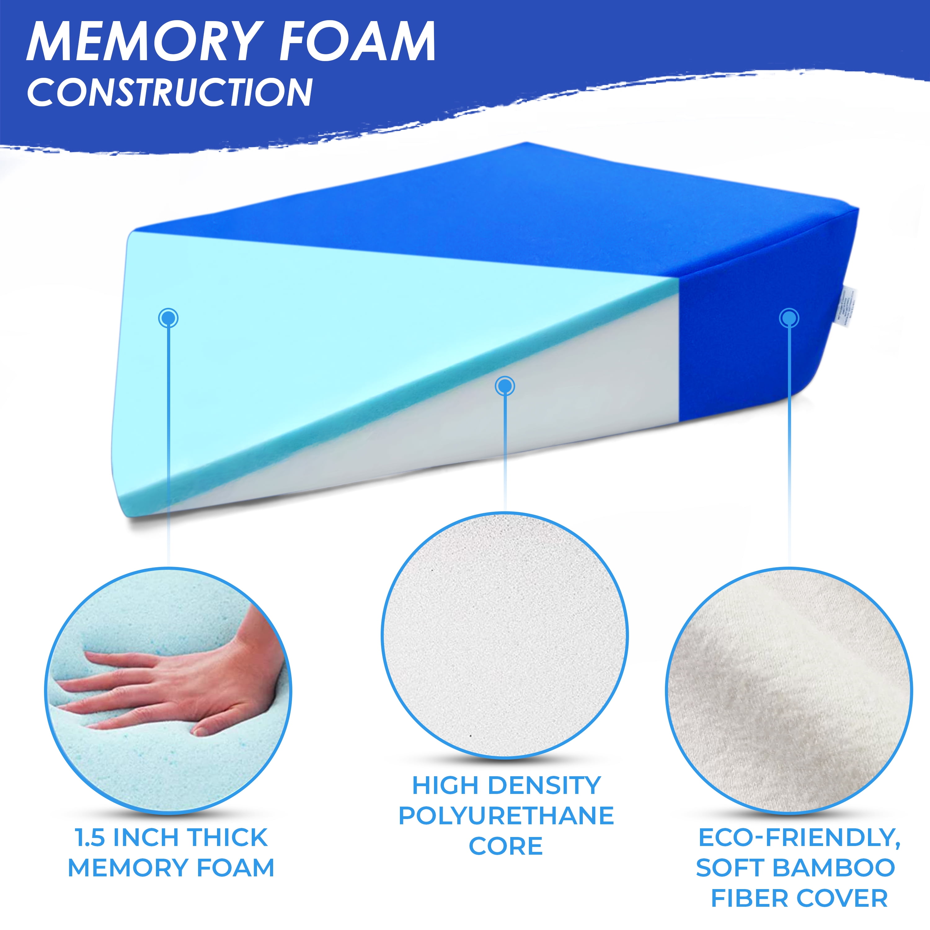Bed Block Memory Foam Acid Reflux Wedge 7.5 Inch Lift, Large Bed