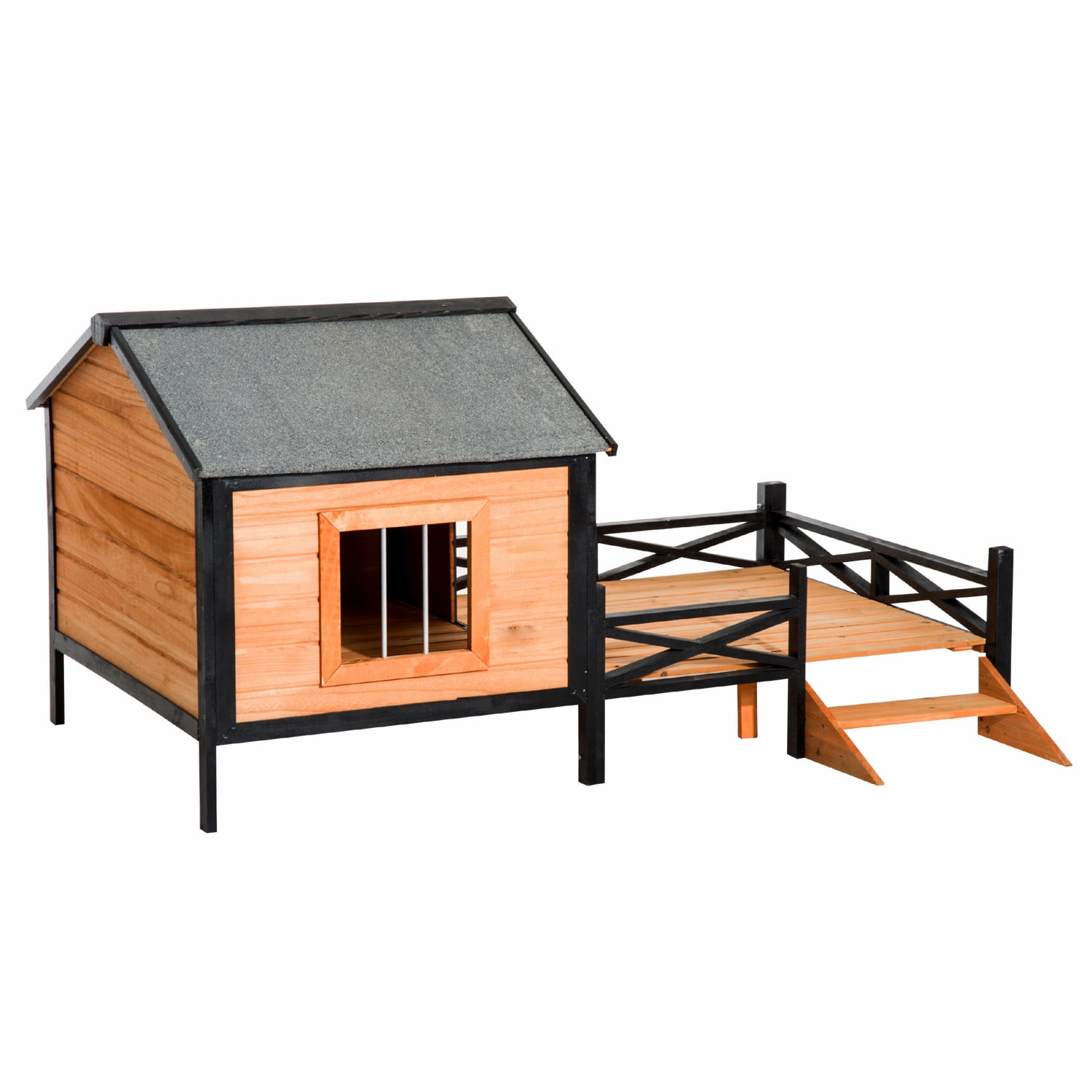 67” x 40” Wooden Cabin Outdoor Covered Elevated Dog House With Porch