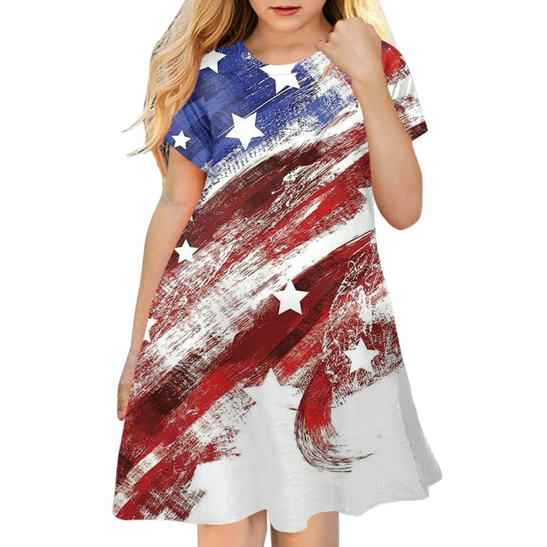 Girls Dresses Kids Fourth Of July Independent Day Star Stripes Prints Short Sleeve Graduation Dress Red 7Y 8Y