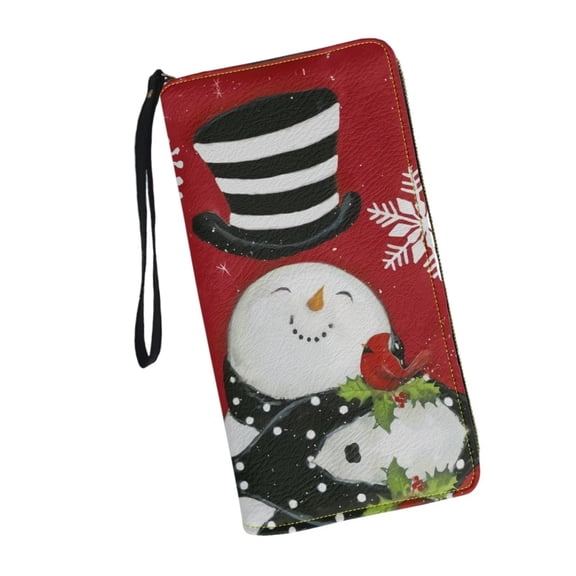 FKELYI Christmas Snowman Slim Wallet Leather Large Women Purse Organizer with Wristlet Strap Soft Women Zipper Purse Organizer for Xmas Party
