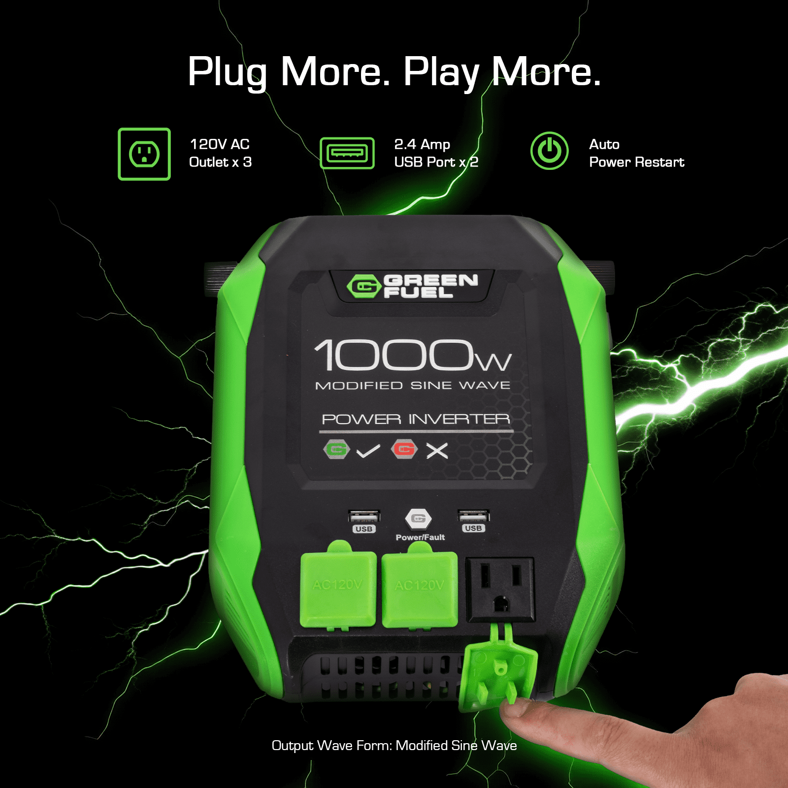 GREEN FUEL 1000W Power Inverter 2000W Peak w/DC 12V to 3X 120V AC, 2X 2.4Amp USB, Mounting Brackets and Clamps Included