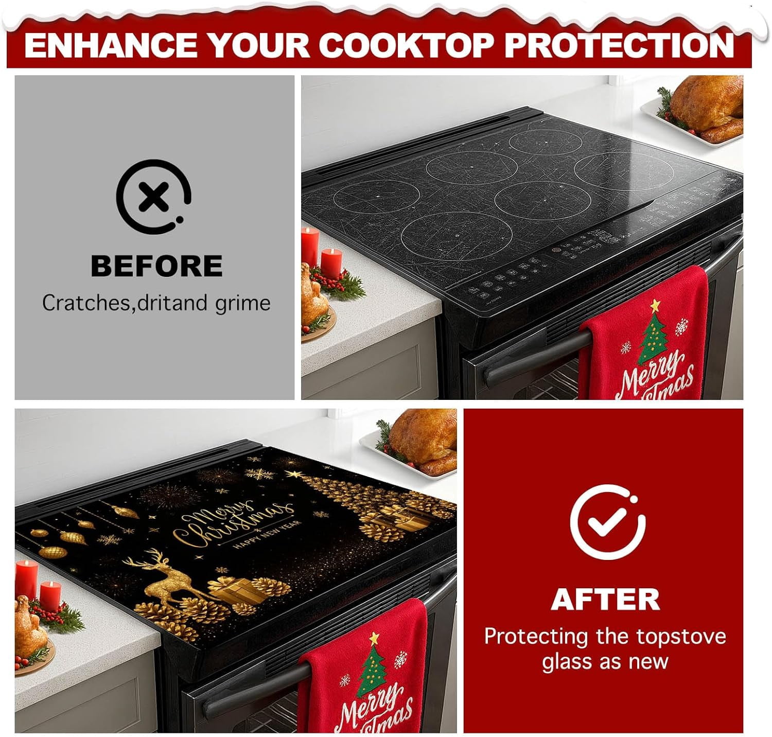 Christmas Stove Top Cover 28x20 Inch Glass Top Protector Silicone Cooktop Mat Heat Resistant Stovetop Cover Golden Deer Tree Holiday Kitchen Decoration