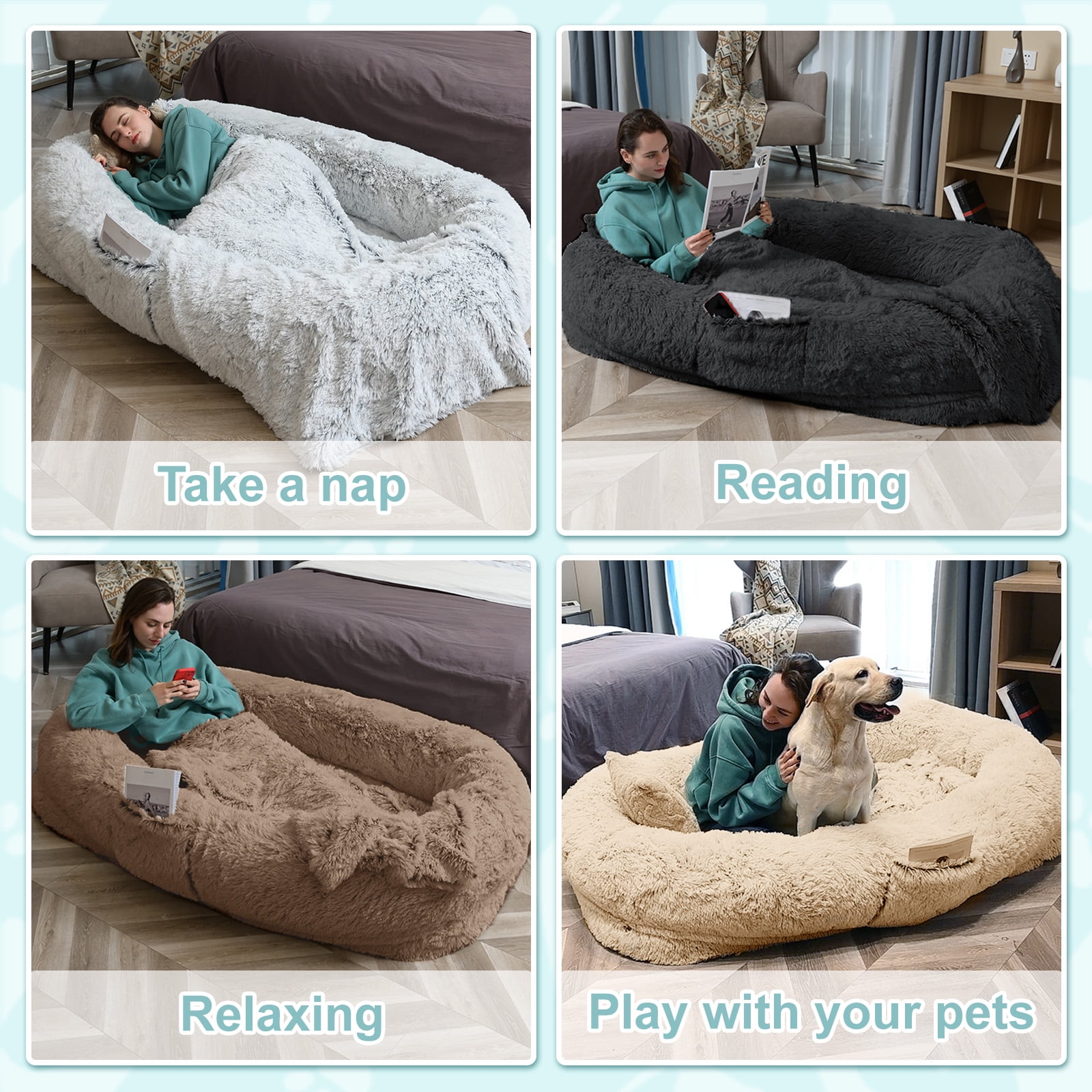 Dokdogs Human Dog Bed for Adults & Pets, 70"x44"x11" Oversized Faux Fur Lounger Bed with Washable Cover, Orthopedic Cushion, Pillow & Blanket, Dark Gray