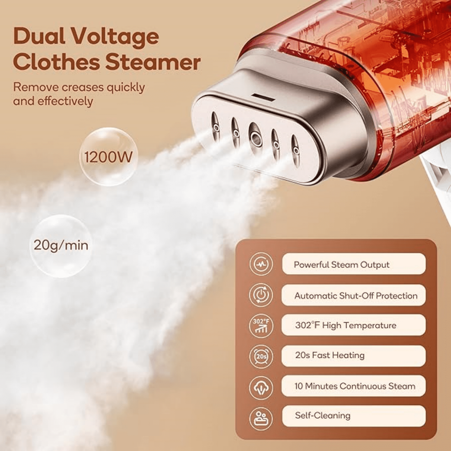 Dual Voltage Garment Steamer - 120V/220V, 1200W Powerful Steamer for Clothes, Home & Travel Use, Horizontal & Vertical Steaming, 20s Heat-up, Foldable, 1.72lbs, 180ml (Gold)