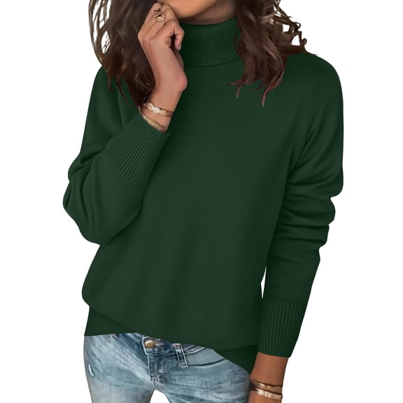 Fshiont 2026 New Women's Turtleneck Sweater Long Sleeve Knitted Pullover Slim Fitted Soft Fall Winter Everyday Top Dark Green 3XL