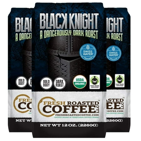 Black Knight Decaf Organic Fair Trade Coffee, 12 oz. Whole Bean Bags, Water Decaf, Fresh Roasted Coffee LLC. (Pack of