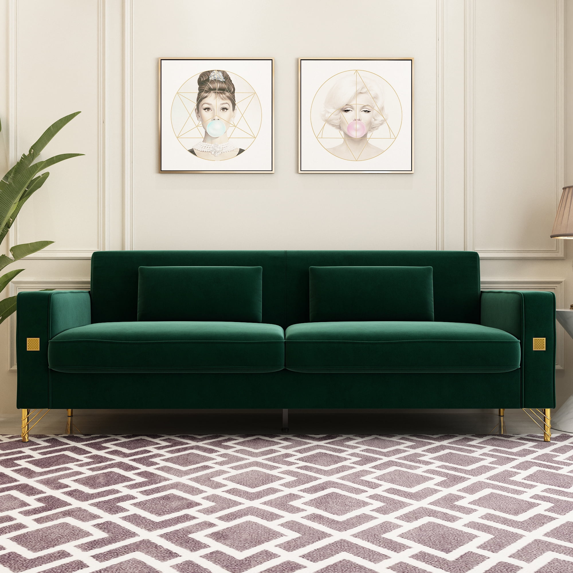 Modern Velvet Upholstered Sofa Couch with Pillows Removable Cushions and Gold Metal Legs for Living Room Office Apartment