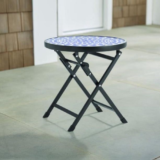 mesa auxiliar plegable de acero de 17,7 pulgadas de diámetro con tapa de vidrio impreso