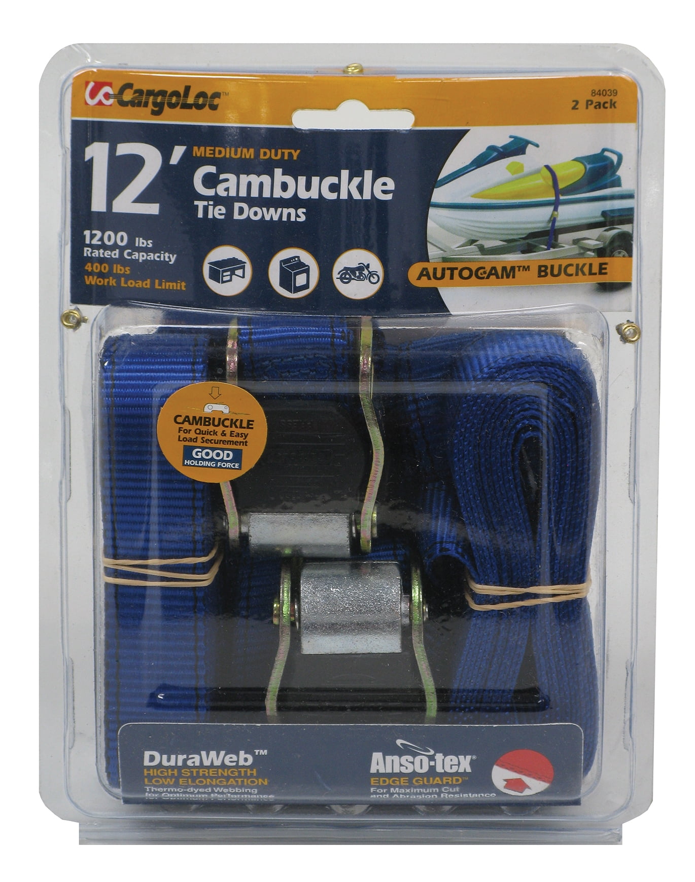 CargoLoc 84039 12' Blue Cam Buckle Tie Downs with S Hooks 2 Count