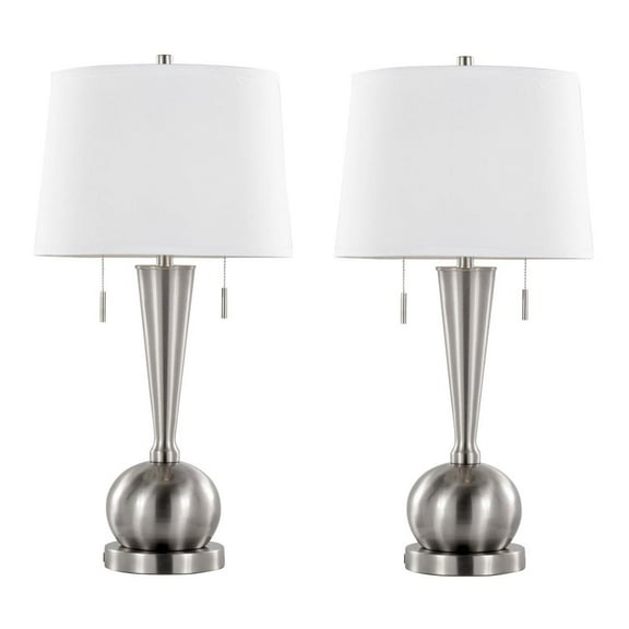 30" Brushed Nickel Table Lamp w/ USB Port in Base & White Linen Shade (Set of 2)