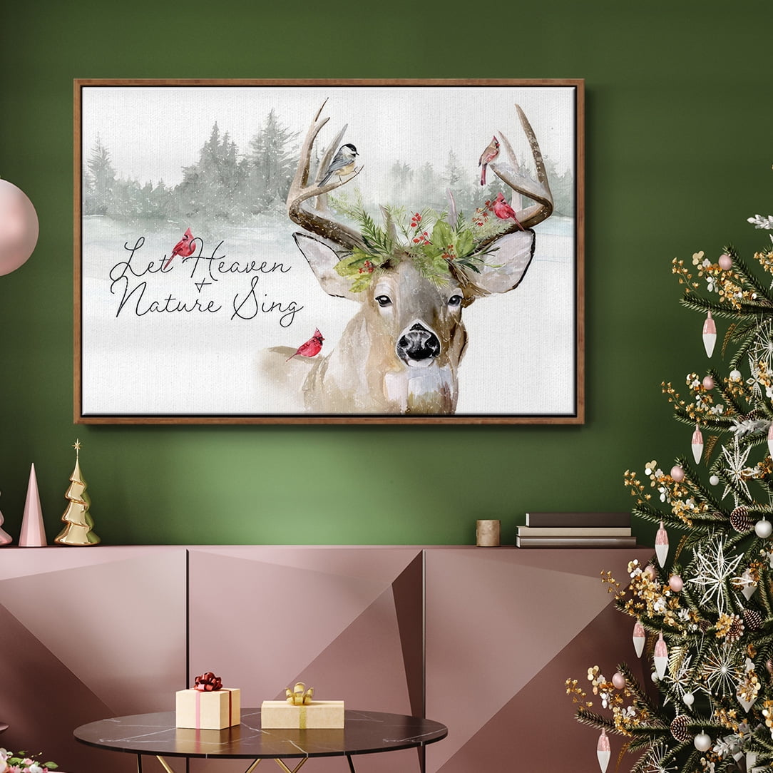 Holiday Deer Collection A - Framed Gallery Wrapped Holiday Canvas - 17 x 25 - Rosewood Frame