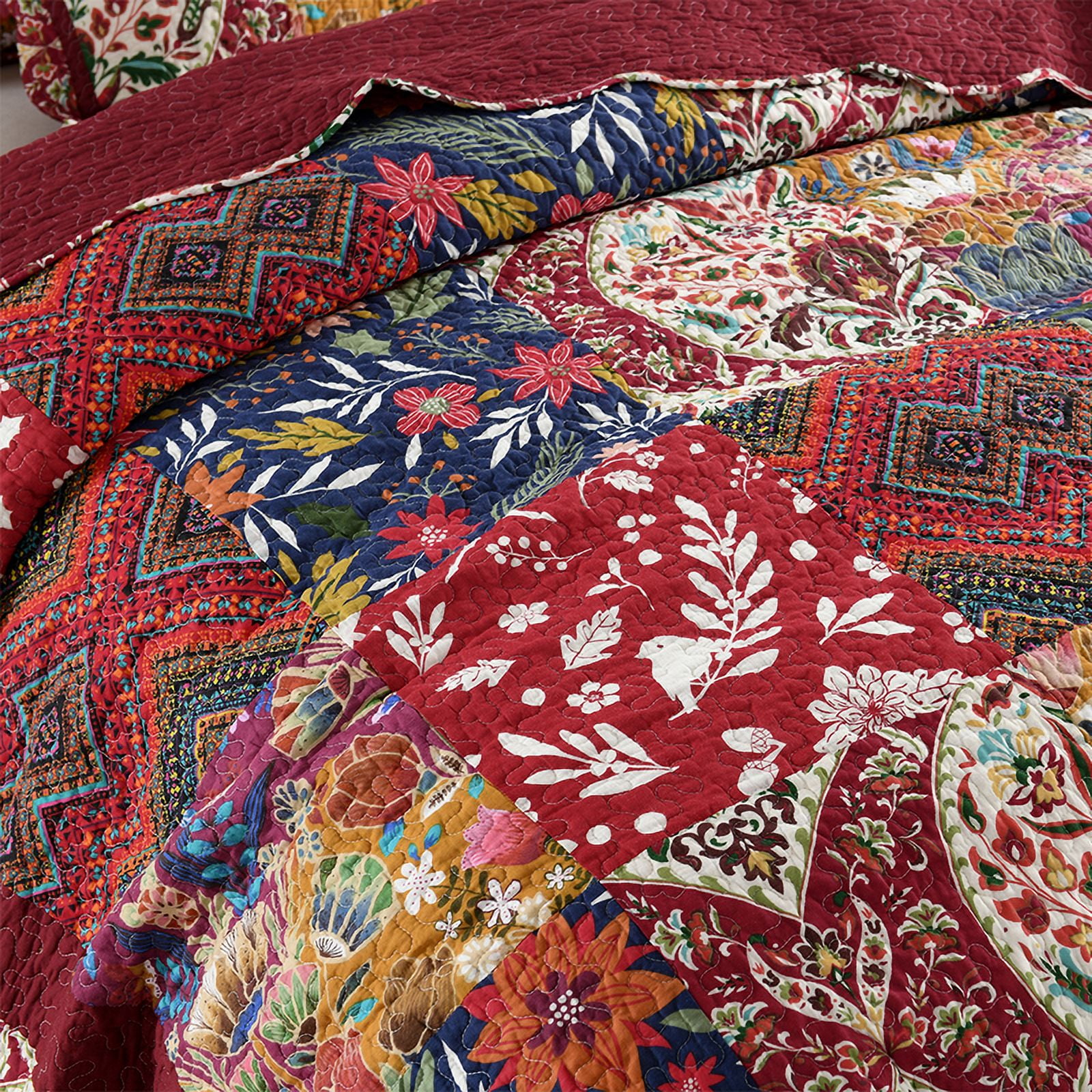 Visimisi 100%Cotton Bedspread Quilt Bedding Sets 3 Pieces Reversible Coverlet Sets Comforters Gorgeous Paisley Floral Patchwork Red Bedspread, King Size