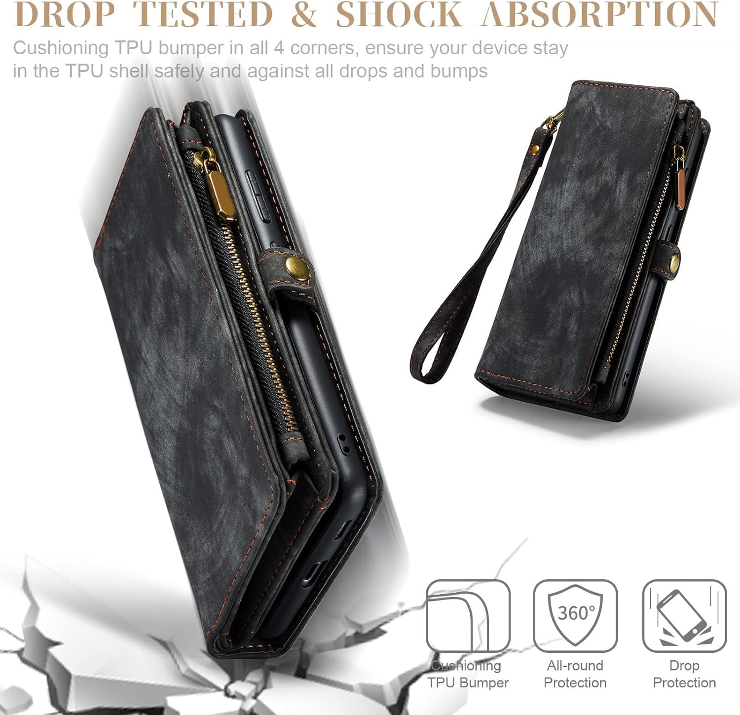 Asuwish Compatible with Samsung Galaxy S21 5G 6.2 inch Phone Case Zipper Wallet Detachable Tempered Glass Screen Protector Crossbody Strap Flip Card Holder Slot Cell Cover for S 21 21S G5 Women Black