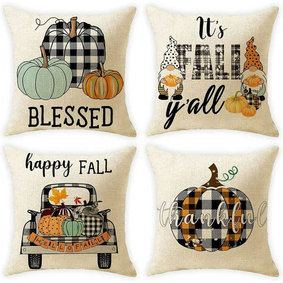 Set of 4 Fall Decorative Pillow Covers 18x18,Buffalo Check Plaid Gnomes Pumpkin Thanksgiving Throw Pillows Autumn Cushion Cases for Living Room Couch Bed Indoor Outdoor Patio Farmhouse Home Decor