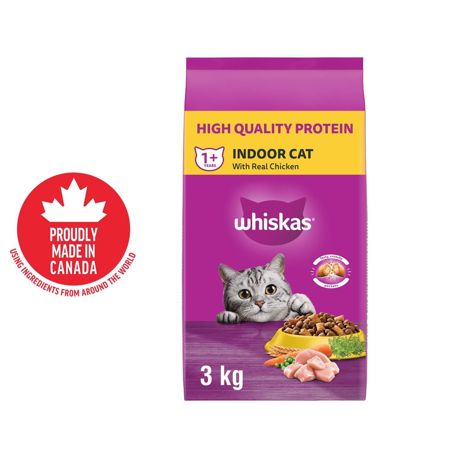 WHISKAS Adult  Dry Cat Food, Indoor With Real Chicken, 1.5 - 3kg