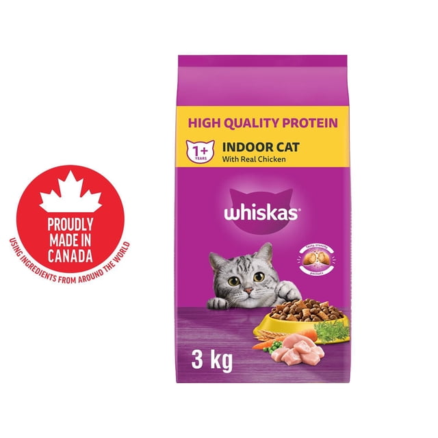 WHISKAS Adult Dry Cat Food, Indoor With Real Chicken 3kg