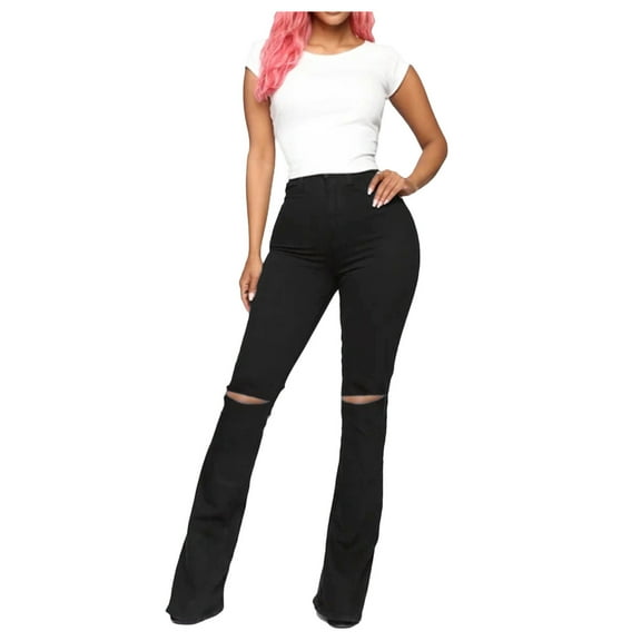 Fjofpr Clothing Womens Jeans Flare Legs High Waisted Jeans for Women Womens Jeans Trendy Fall 2024 Women's High Waist Slim Hole Trumpet Pants