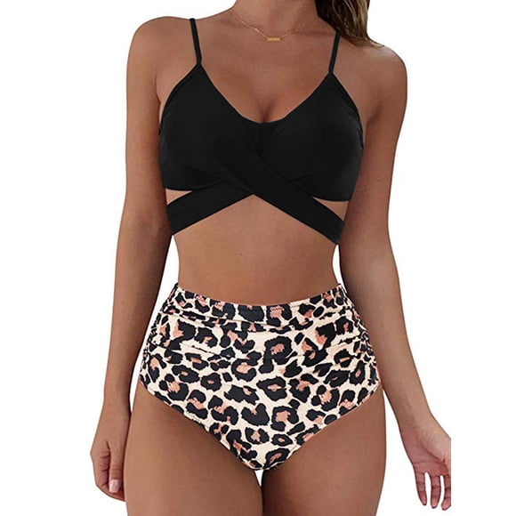 Sunloudy - Traje de baño de dos piezas para mujer, tops de bikini con tirantes finos de color sólido + bragas de bikini con estampado de leopardo Sunloudy S M L XL XXL