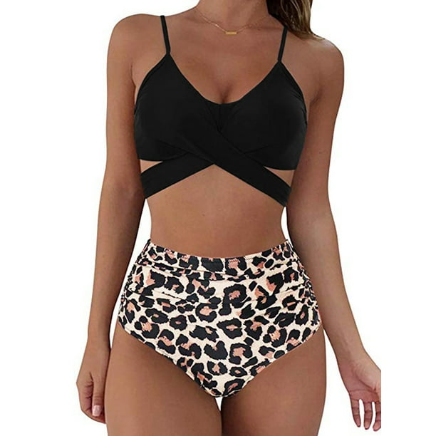 Sunloudy - Traje de baño de dos piezas para mujer, tops de bikini con tirantes finos de color sólido + bragas de bikini con estampado de leopardo Sunloudy S M L XL XXL