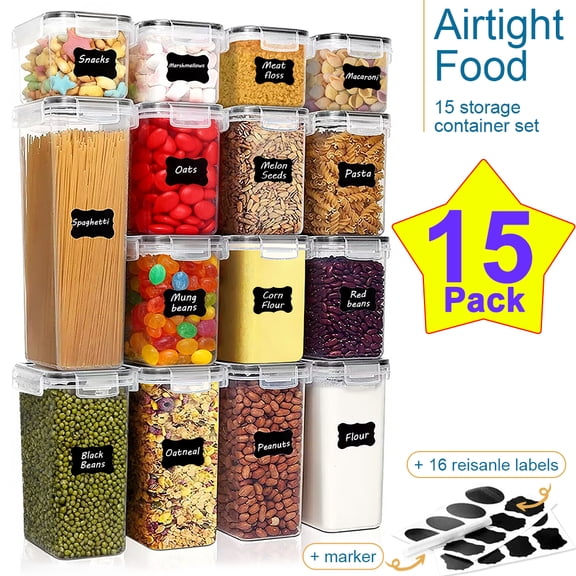 15 Packs Airtight Food Storage Containers Set with Lids, Kitchen Pantry Organization and BPA Free Plastic Canisters Include 24 Labels