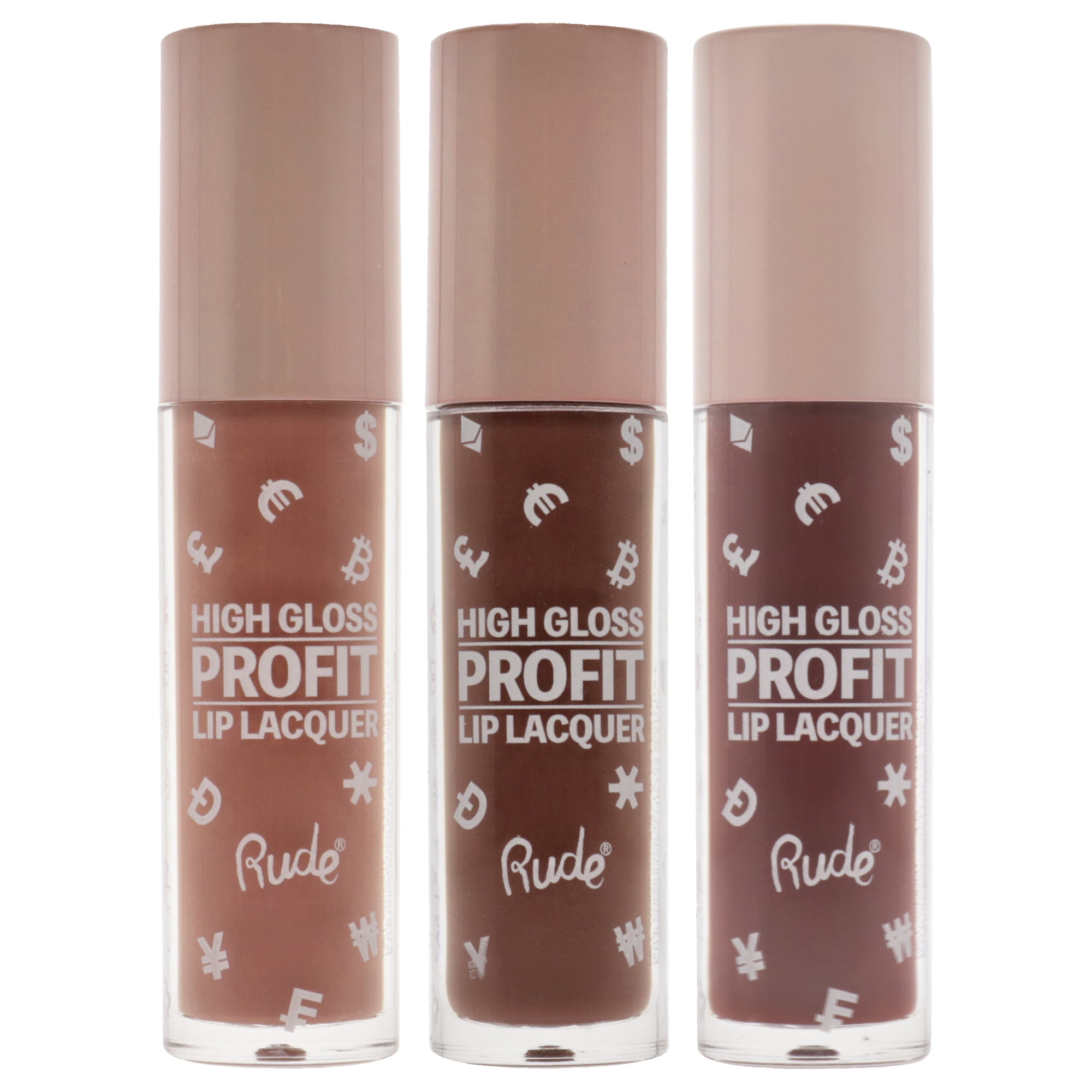 Rude Cosmetics High Gloss Profit Lip Lacquer Kit , 3 Pc Kit 3 X 0.141oz Lip Gloss - Pound, Saabak, Won- Pack of 3
