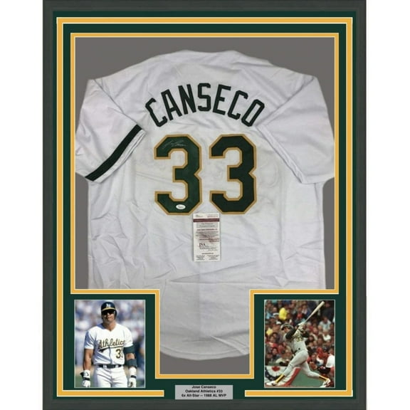 Framed Autographed/Signed Jose Canseco 35x39 Oakland White Baseball Jersey JSA COA