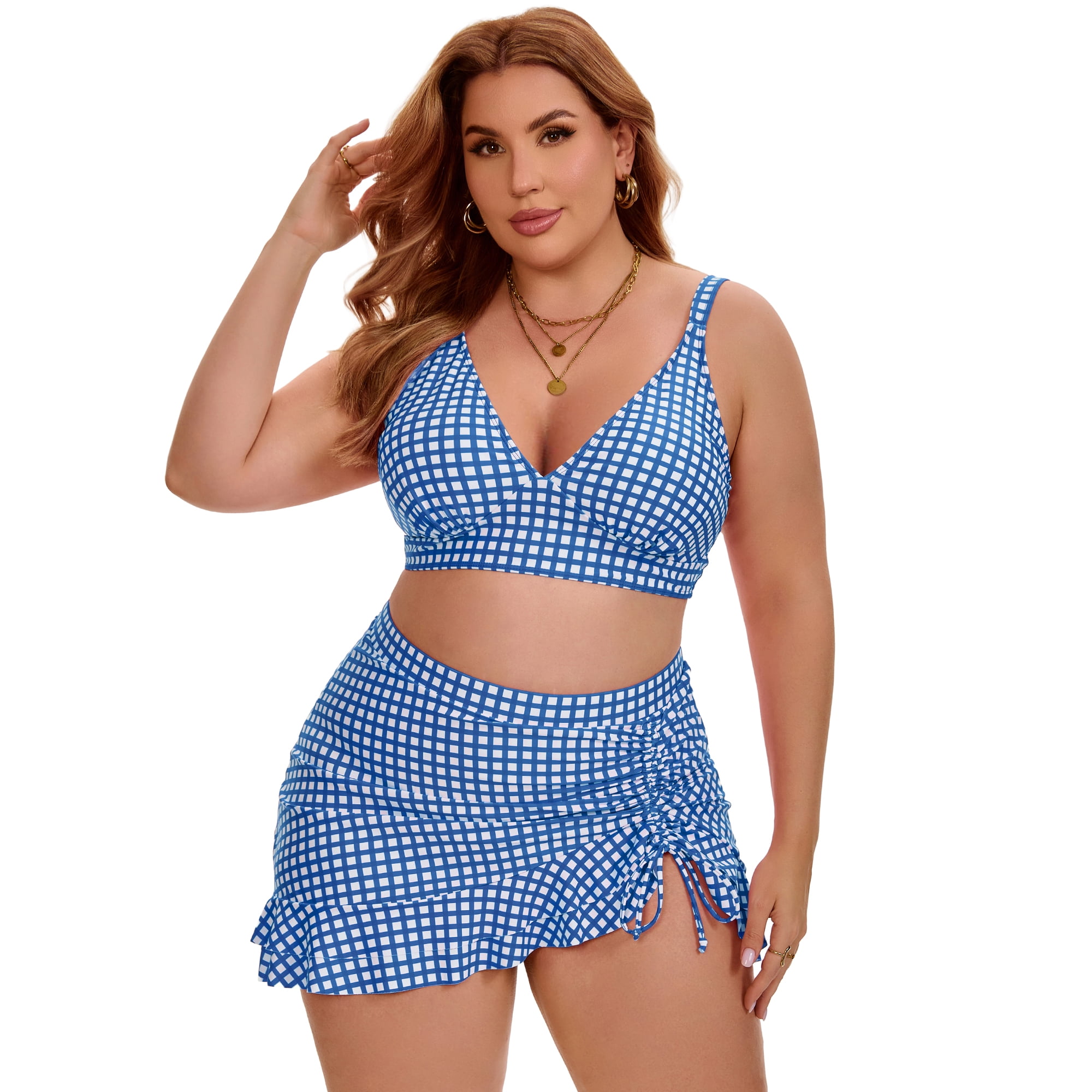 DARING DIVA Women's Plus with Retro Gingham High Waisted Bikini 3X Blue