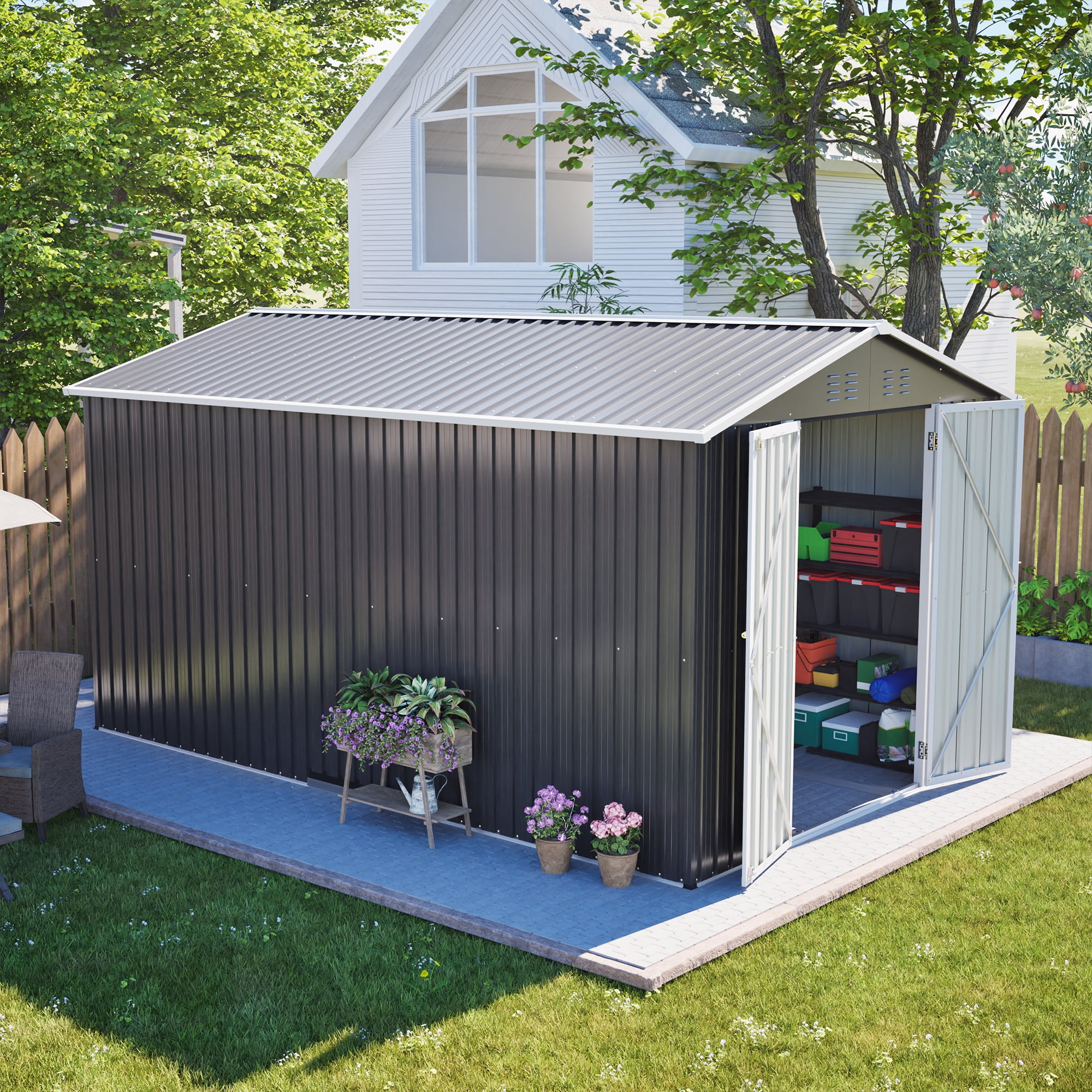 LZBEITEM 8'x12' Outdoor Metal Storage Shed with Floor Frame, Galvanized Steel Garden Shed, Metal Garden Tool Shed with Double Lockable Doors for Backyard Patio Lawn, Gray