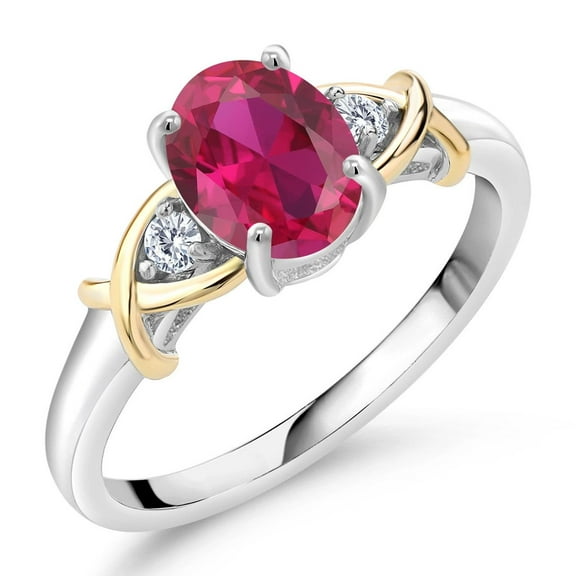 Gem Stone King 10K Yellow Gold and 925 Sterling Silver Red Created Ruby and White Lab Grown Diamond Ring for Women | 1.43 Cttw | Oval 8X6MM | Size 9