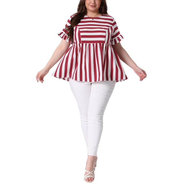 Blusa de verano casual para mujer de tallas grandes Agnes Orinda, con rayas, mangas cortas con volantes y peplum, 2025 2X rojo y blanco