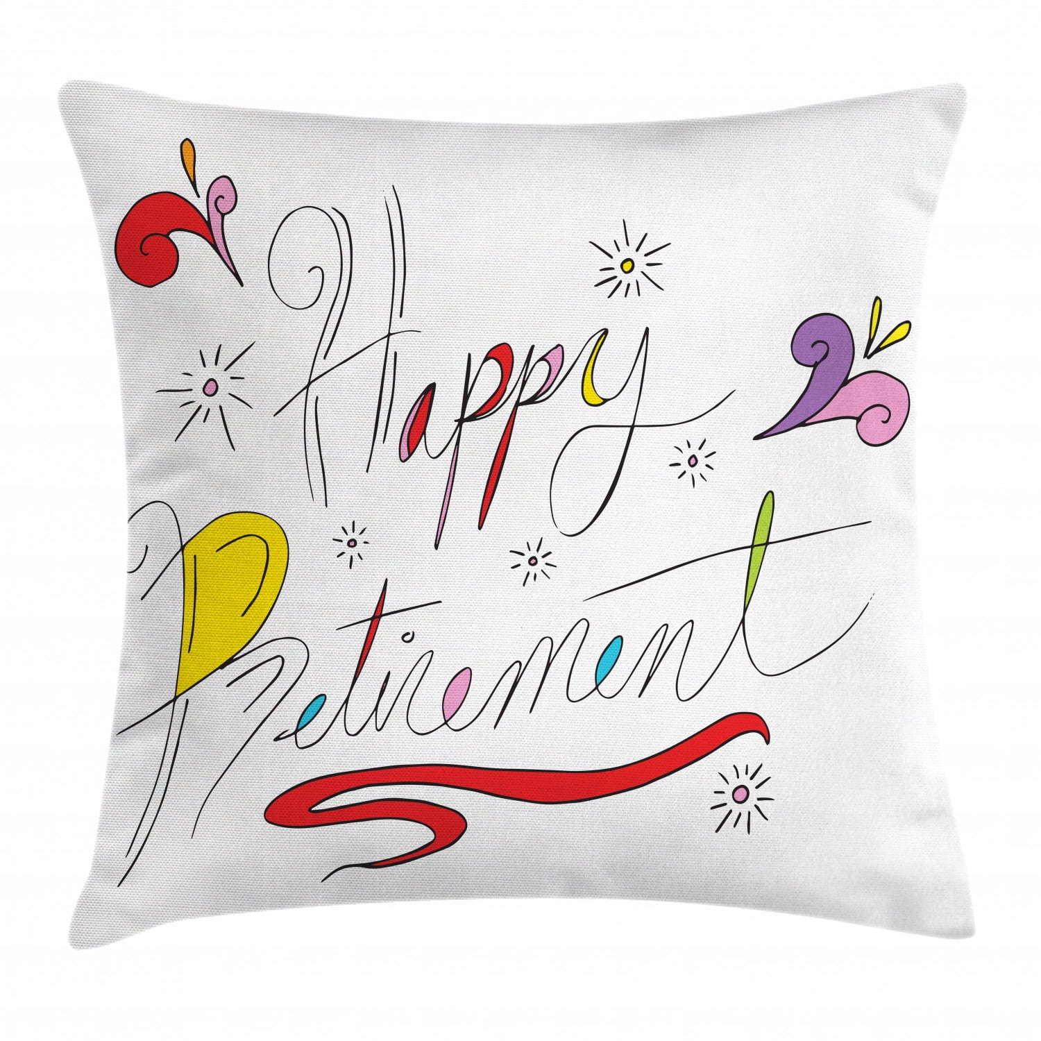 Retirement Party Throw Pillow Cushion Cover, Colorful HandDrawn Doodle