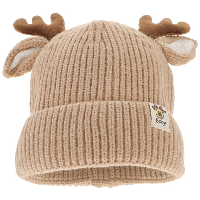 Gorro de punto grueso para niños Astas Gorro de lana cálido Gorro de punto para bebé (Caqui adecuado para bebés de 3 a 24 meses)