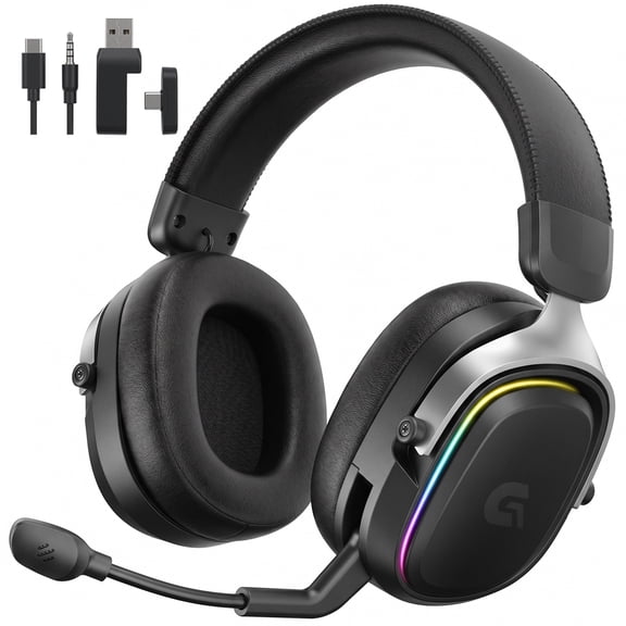Breynko Wireless Gaming Headset,2.4GHz for PS5/PS4/PC/Switch,3.5mm Wired for Xbox,Bluetooth 5.3 Headphones with Flip-to-Mute Mic,7.1 Surround, RGB Light, Steel Frame,Black