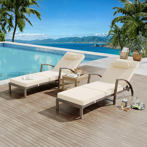 Pool Lounge Chairs Set of 2, PE Rattan Wicker Outdoor Chaise with 5-Level Backrest & Wheels, for Garden Patio Beach, Beige